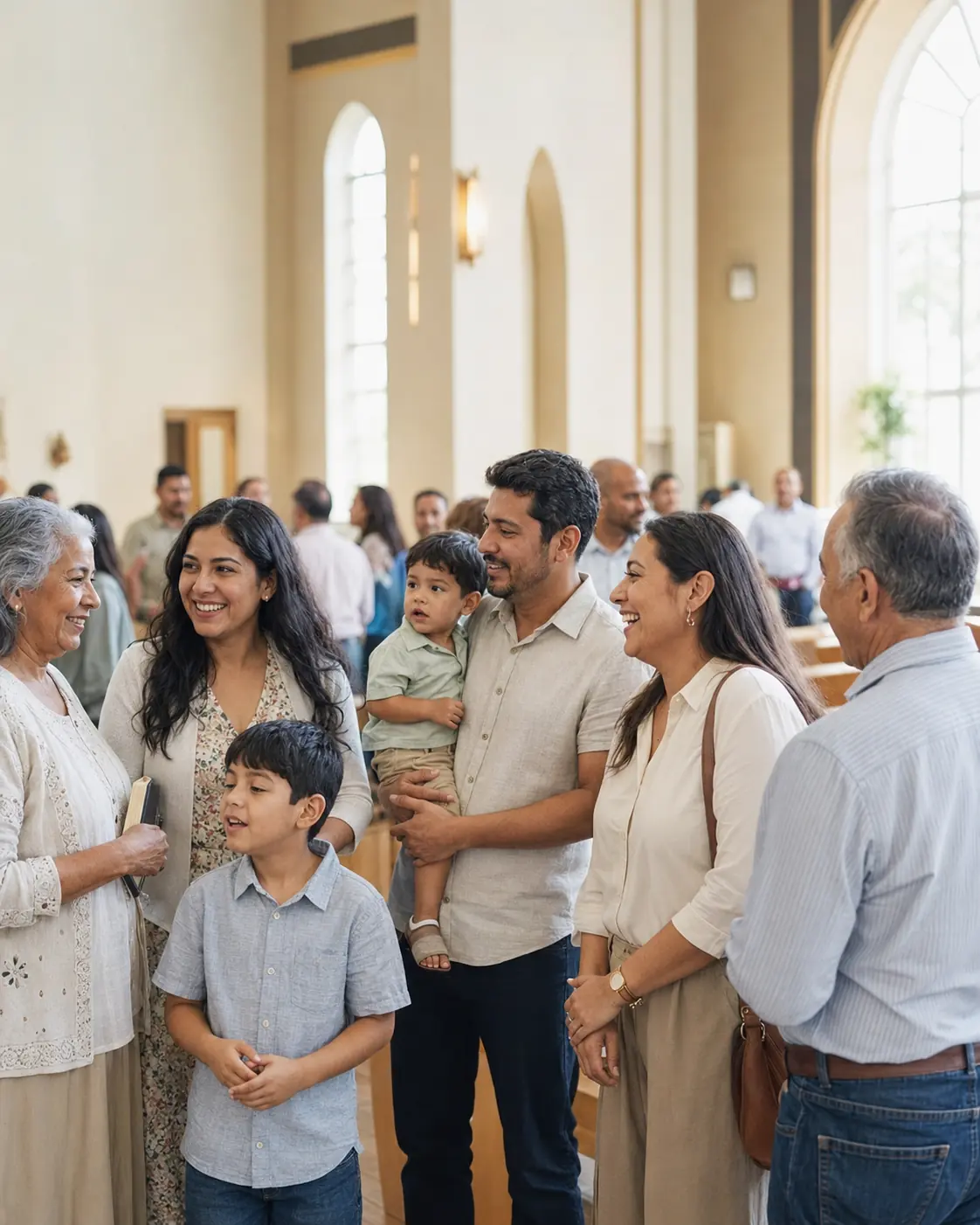 Familias compartiendo con alegría en la iglesia